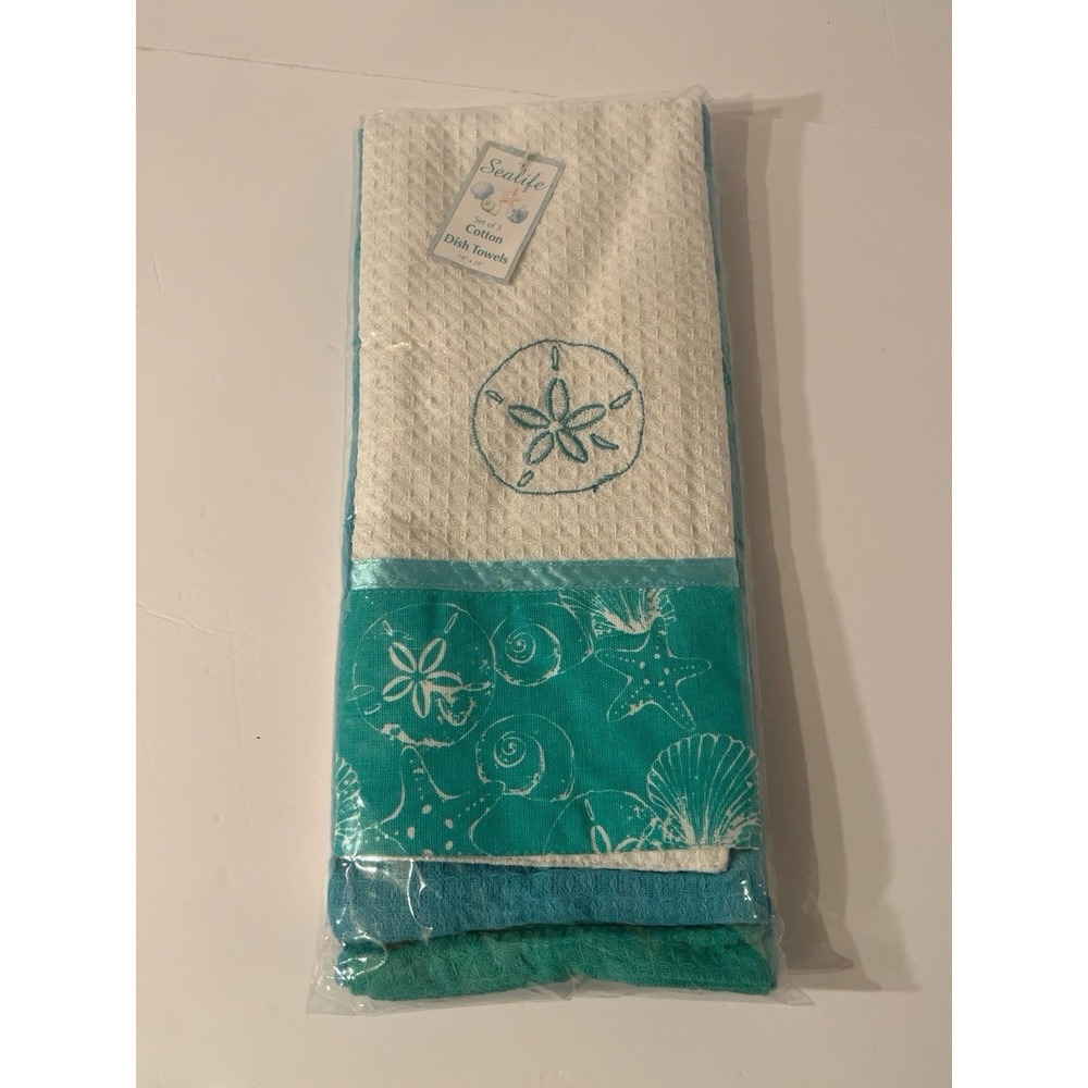 New Set of 3 Coastal Sealife Cotton Dish Towels – Sand Dollar Beach Decor